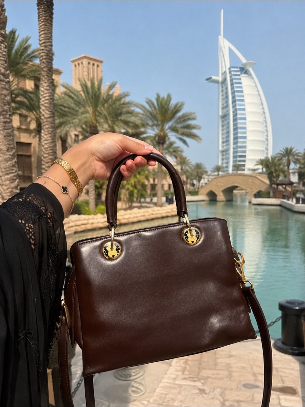 Structured Dark Brown Leather Satchel with Gold Hardware